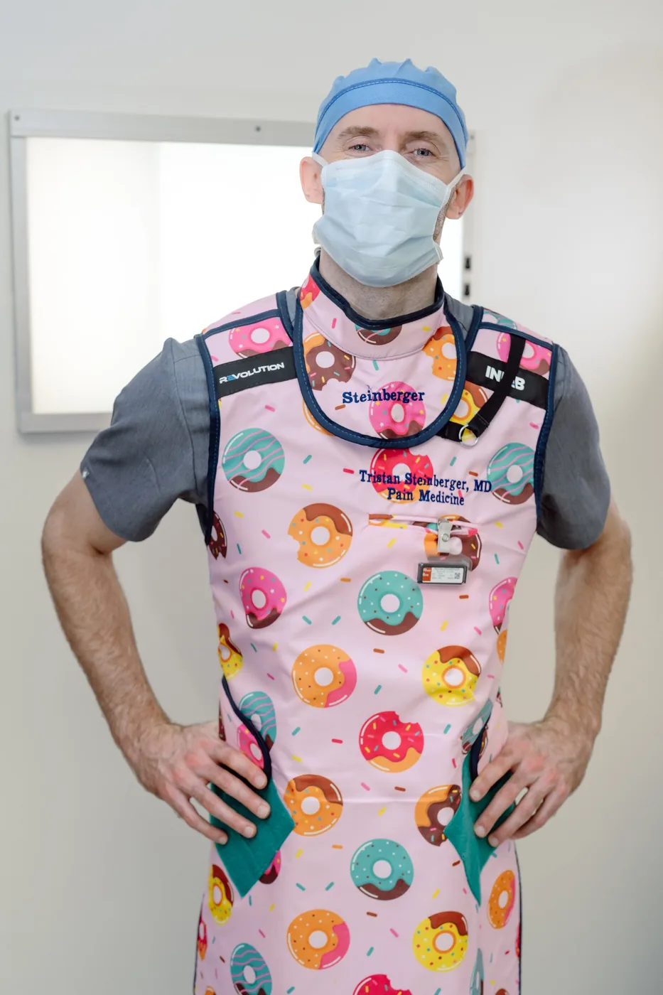 Dr. Tristan Steinberger in a lead apron before an image-guided procedure at Gables Pain